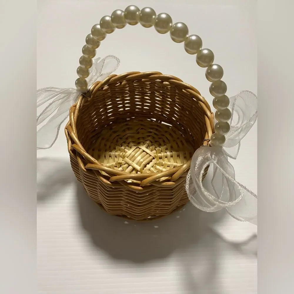 FLOWER GIRL BASKET Pearl handle white ribbon wicker ratan  wedding decor
